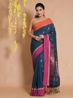 CHARUKRITI - Berry Blue Cotton Handwoven Zari Ethnic Motifs Dual Borders Saree with Unstitched Blouse