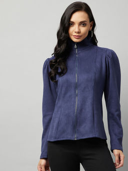 Marie Claire - Women Casual Navy Blue Mock Collar Long Sleeves Regular Jacket