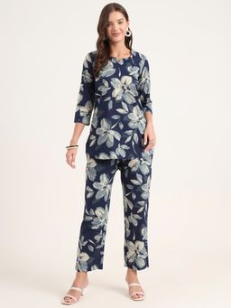 Divena - Women Navy Blue Floral Kurta with Pant (Set of 2)