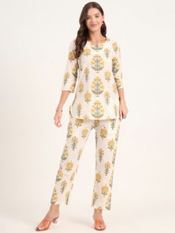 Divena - Women Cream Floral Kurta with Pant (Set of 2)