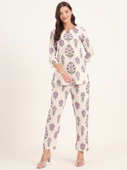 Divena - Women Cream Floral Kurta with Pant (Set of 2)
