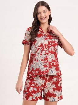 Divena - Women Red Floral Shirt with Shorts (Set of 2)