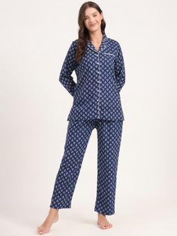 Divena - Women Navy Blue Floral Shirt with Pyjama (Set of 2)