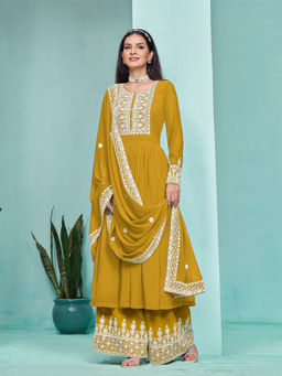 Odette - Yellow Georgette Embroidered Semi Stitched Kurta Pant with Dupatta (Set of 3)