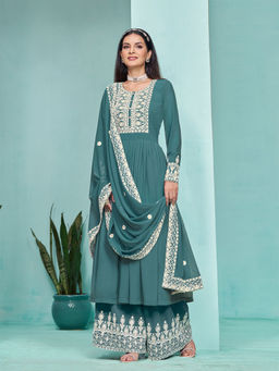 Odette - Teal Georgette Embroidered Semi Stitched Kurta Pant with Dupatta (Set of 3)