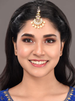 Saraf RS Jewellery - Gold Plated Red & Green Ad Studded Pearl Beaded Temple Floral Mangtikka