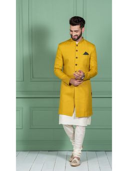 KISAH - Men Mustard Yellow Solid Cotton Blend Kurta Indowestern Sherwani Churidar Set