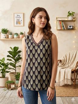 Rain & Rainbow - Black Printed V-Neck Neck Cotton Top