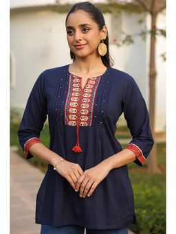 Rain & Rainbow - Blue Printed Round Neck Cotton Kurti