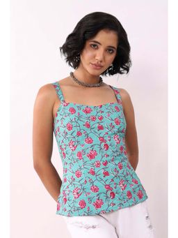 Biba - Turquoise Cotton Printed Straight Top