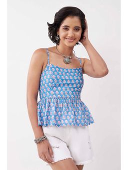 Biba - Blue Cotton Printed Tiered Top