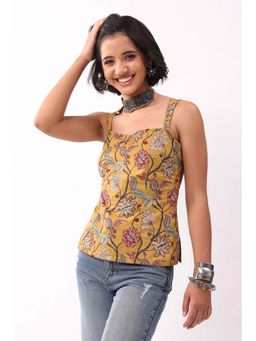 Biba - Mustard Cotton Printed Straight Top