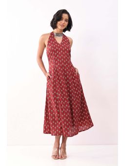 Biba - Nxt Maroon Cotton Printed A Line Dress