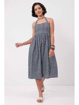 Biba - Navy Blue Cotton Printed Straight Dress