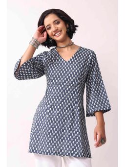 Biba - Blue Cotton Printed Straight Short Kurti