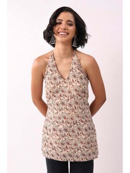 Biba - Beige Cotton Printed A Line Short Kurti