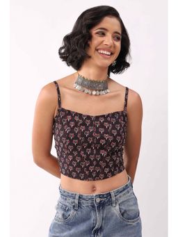 Biba - Blue and Black Cotton Printed Straight Top