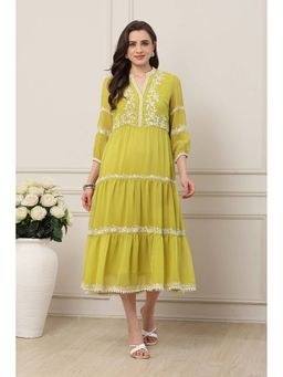 Biba - Yellow Mandarin Neck Midi Dress