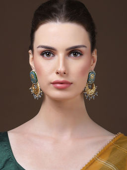 Dugran By Dugristyle - Blue and Gold Drop Earrings with Kundan and Pearls