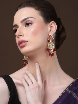 Dugran By Dugristyle - Red and Gold Drop Earrings with Kundan and Pearls