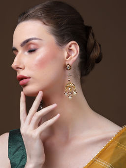 Dugran By Dugristyle - Red and Cream Drop Earrings with Kundan and Pearls