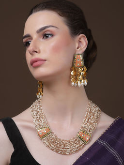 Dugran By Dugristyle - Orange and Gold Drop Earrings with Kundan and Pearls