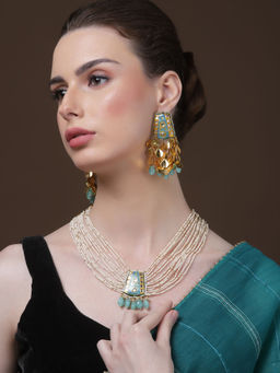 Dugran By Dugristyle - Blue and Gold Drop Earrings with Kundan and Pearls