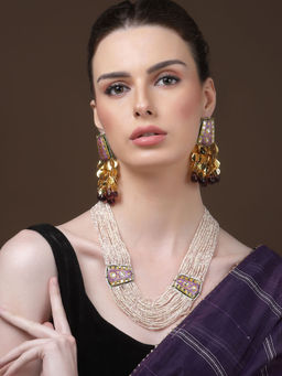 Dugran By Dugristyle - Purple and Gold Drop Earrings with Kundan and Pearls