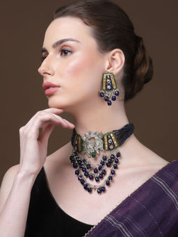 Dugran By Dugristyle - Navy Blue and Green Drop Earrings with Kundan and Pearls