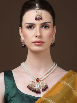 Dugran By Dugristyle - Pink and Purple Drop Earrings with Kundan and Pearls