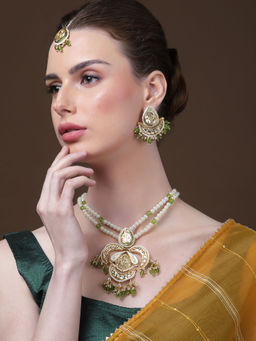 Dugran By Dugristyle - Green and Gold Drop Earrings with Kundan and Pearls