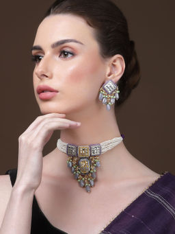 Dugran By Dugristyle - Purple and White Drop Earrings with Kundan and Pearls