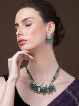 Dugran By Dugristyle - Green and Silver Drop Earrings with Kundan and Pearls