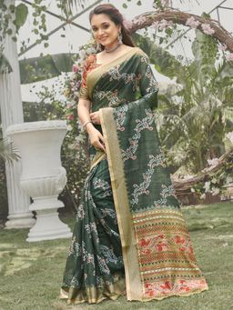 Odette - Womens Soft Silk Green Printed Saree with Unstitched Blouse