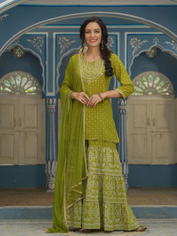 Juniper - Green Bandhani Printed Georgette Kurta Sharara & Net Dupatta Set with Zari Work Embroidery
