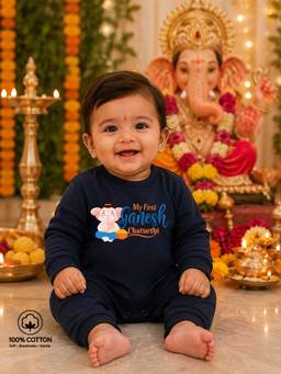 BLUSHES - Navy Blue Knit My First Ganesh Chaturthi Typography Printed Romper