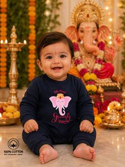 BLUSHES - Navy Blue Knit My First Ganesh Chaturthi Typography Printed Romper