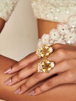 ZARIIN - 22KT Gold Dipped in White Enamel Glory Lotus Open Ring