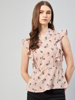 RARE - Women Casual Beige Colour Mandarin Collar Floral Regular Top