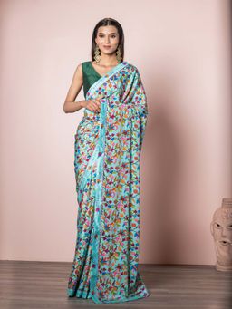 EXCLUSIVA - Multicolor Blended Shimmer Georgette Printed Saree with Unstitched Blouse