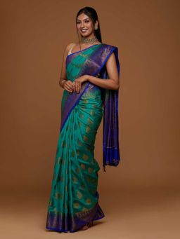 Koskii - Rama Turquoise Zari Work Banarasi Saree with Unstitched Blouse