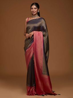 Koskii - Navy Blue Zari Work Brocade Saree with Unstitched Blouse