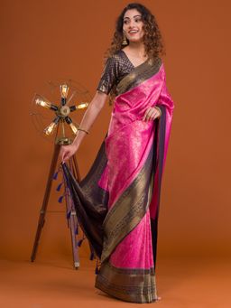 Koskii - Magenta Pink Zari Work Banarasi Saree with Unstitched Blouse
