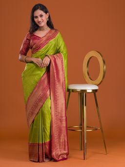 Koskii - Parrot Green Zari Work Banarasi Saree with Unstitched Blouse