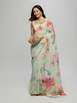 Gajra Gang - Green Georgette Floral Printed Saree With Unstitched Blouse Blushed Affair