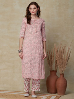 FASHOR - Floral Printed Kurta with Pants - Pink (Set of 2)