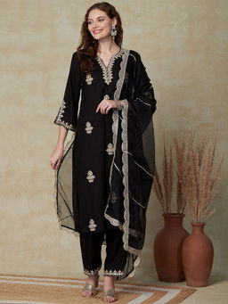 FASHOR - Mirror Kurta with Pants & Dupatta - Black (Set of 3)