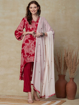 FASHOR - Floral Printed Kurta with Pants & Dupatta - Red (Set of 3)