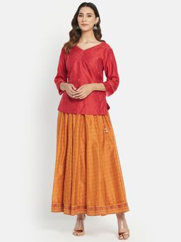 Fabindia - Red Cotton Silk Embroidered Slim Fit Skirt (Set of 2)