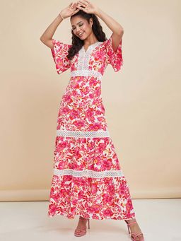 Styli - Pink Short Sleeves V Neck Floral Print A-line Maxi Dress